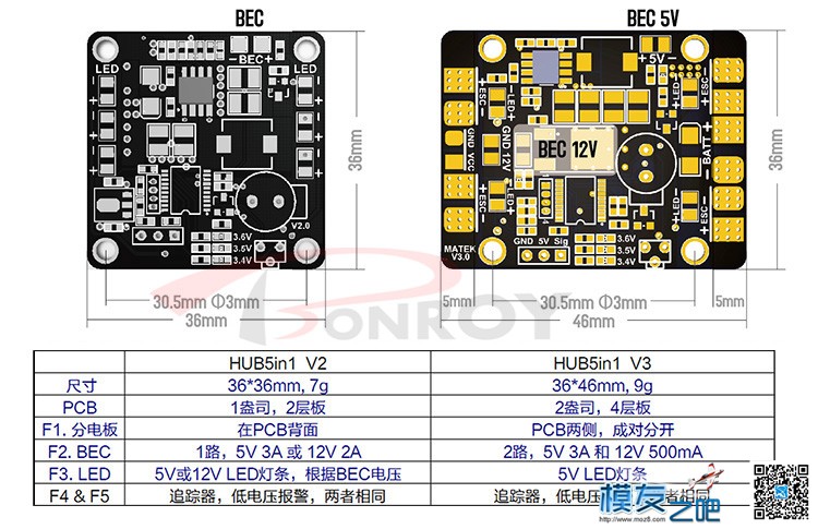 Matek 分电板 双BEC LED航灯控制 追踪器 低电压报警 五合一 V3 电调 作者:佰润创新 3709 