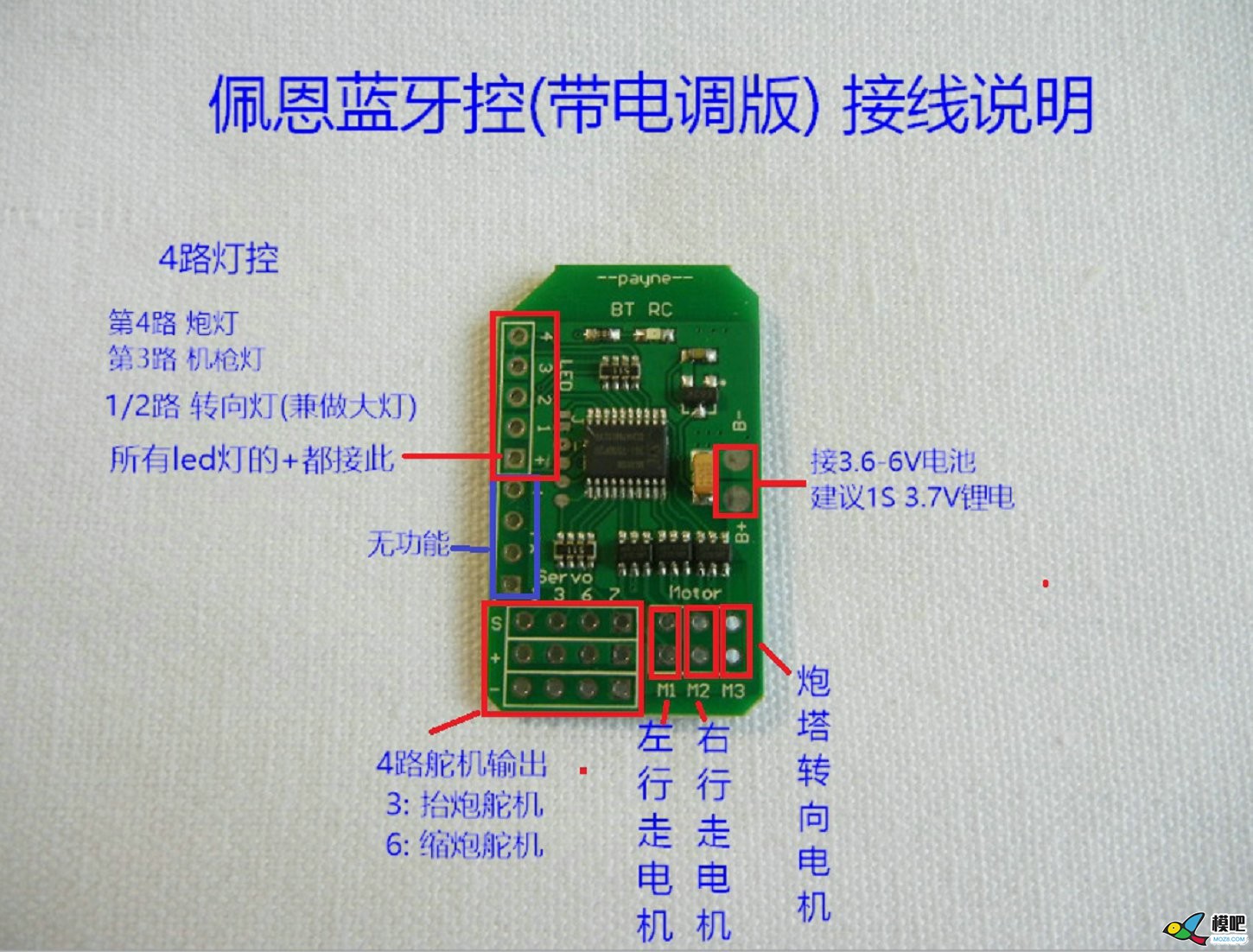 佩恩蓝牙控接收机直接带电机输出了 模型,电池,天线,舵机,电机 作者:payne.pan 3030 